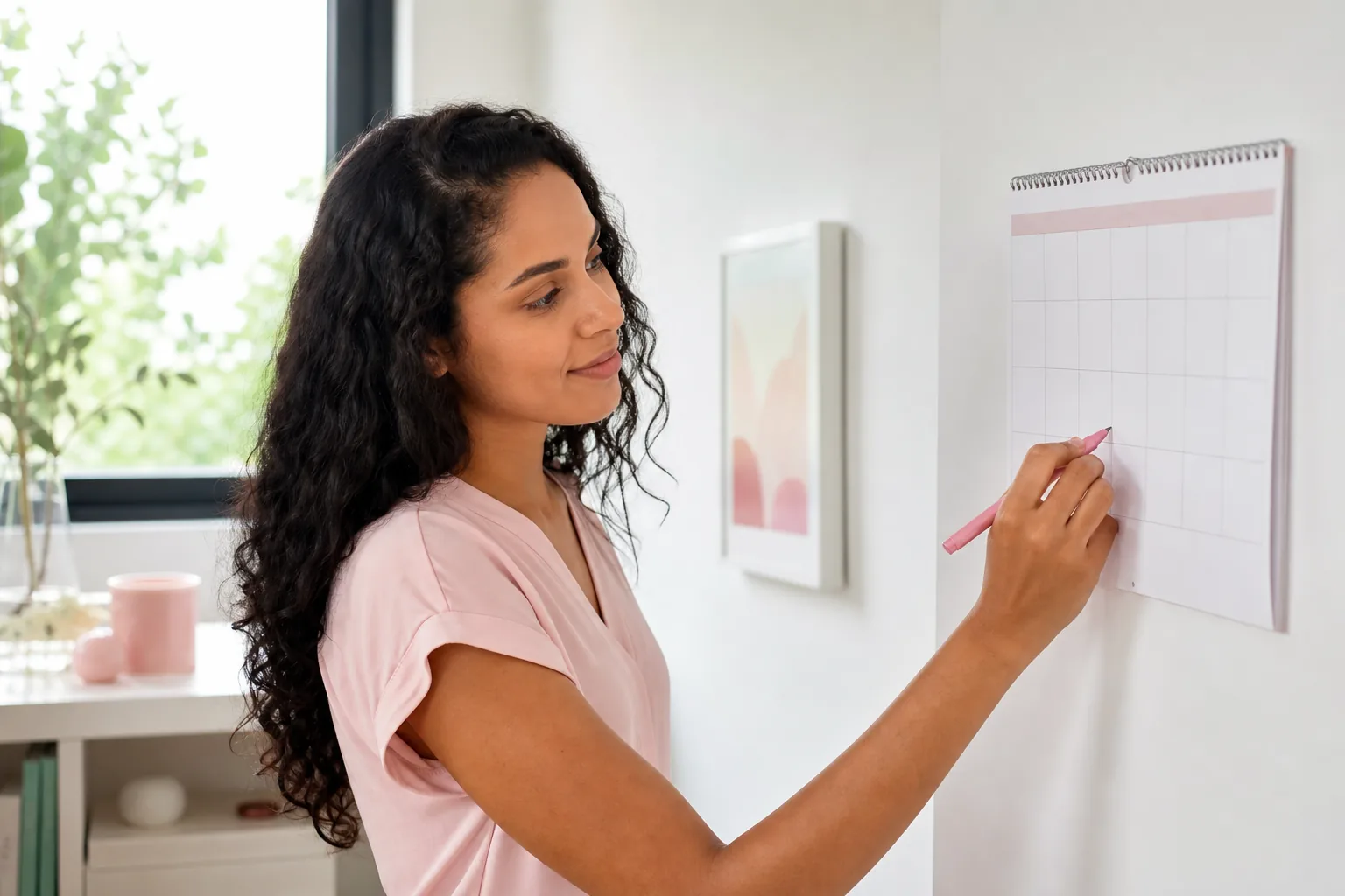 Método do calendário (Ogino-Knaus) Mulher consultando calendário menstrual para estimar o período fértil
